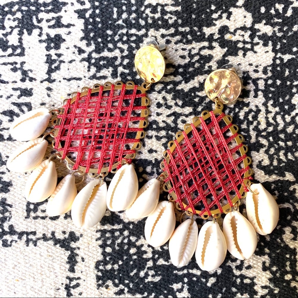 First Catch Cowrie Shell Gold Hammered Coral Statement Earrings